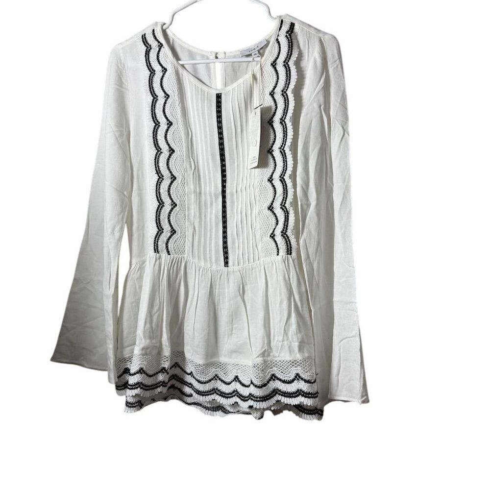 LUMIE White Crochet Lace‎ Pleated Peplum Bell Sleeve Blouse XS New
